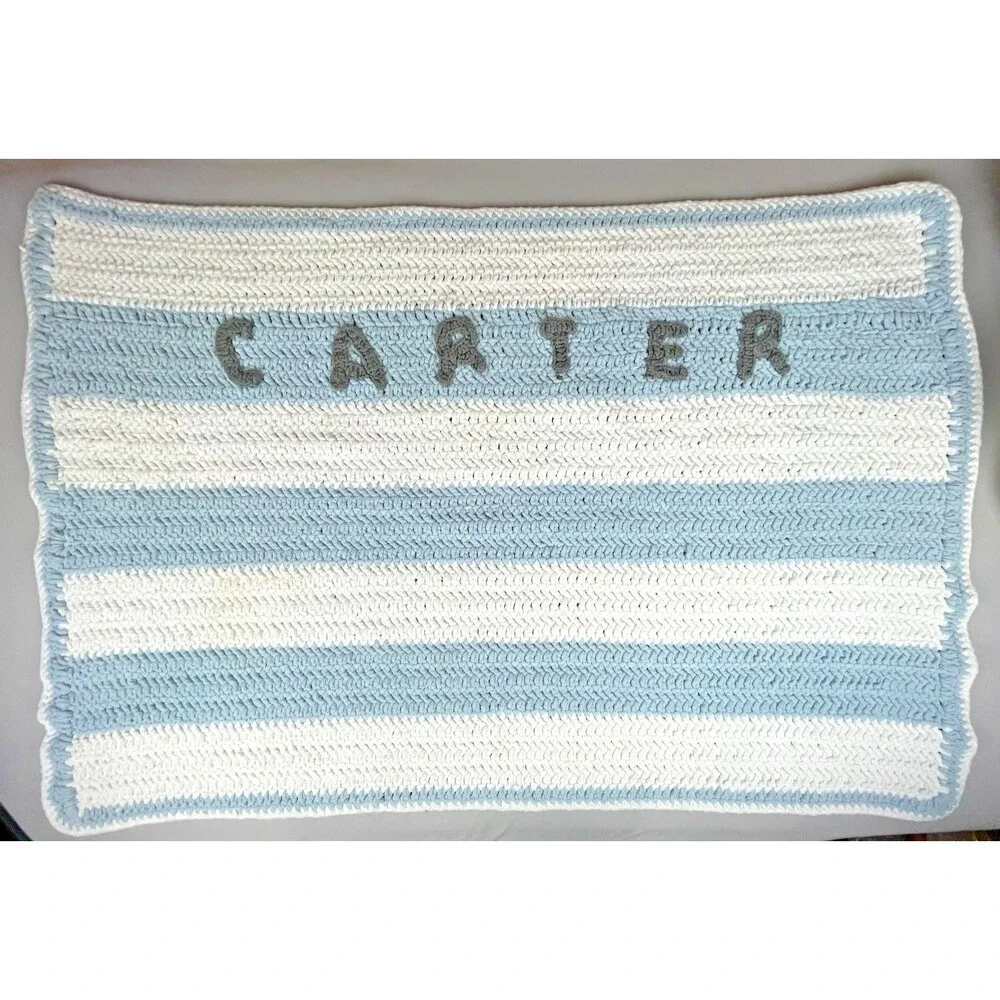 Handmade Crochet Baby Newborn Blanket Shower Gift Afghan Blue Stripe Boy Carter